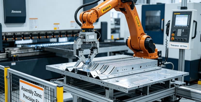 An industrial robot arm precisely assembling a complex, high-tolerance aluminum sheet metal component in an automated manufacturing cell, showcasing the integration of precision sheet metal fabrication and industrial automation engineering.
